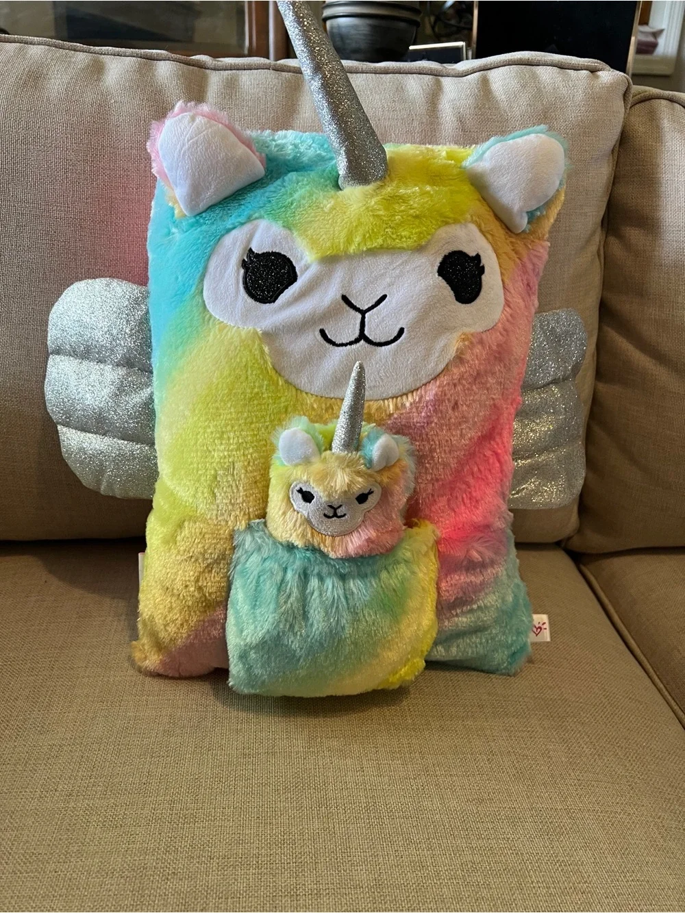 Justice Rainbow Plush Unicorn Llama Pillow in Pastel Yellow, Blue, Pink